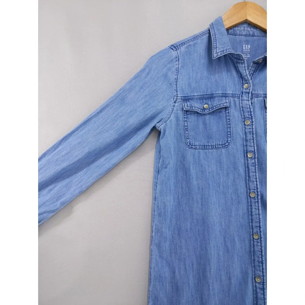 Gap Denim Shirt Dress Kids XL Blue Long Sleeve Button Front Chambray Pocket